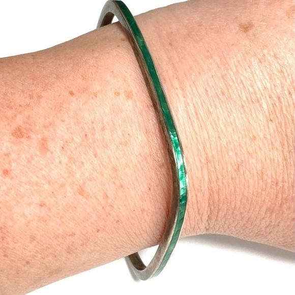 925 Sterling Square Bracelet Green Enamel Geometric Art Deco 7.25” - Picture 1 of 11